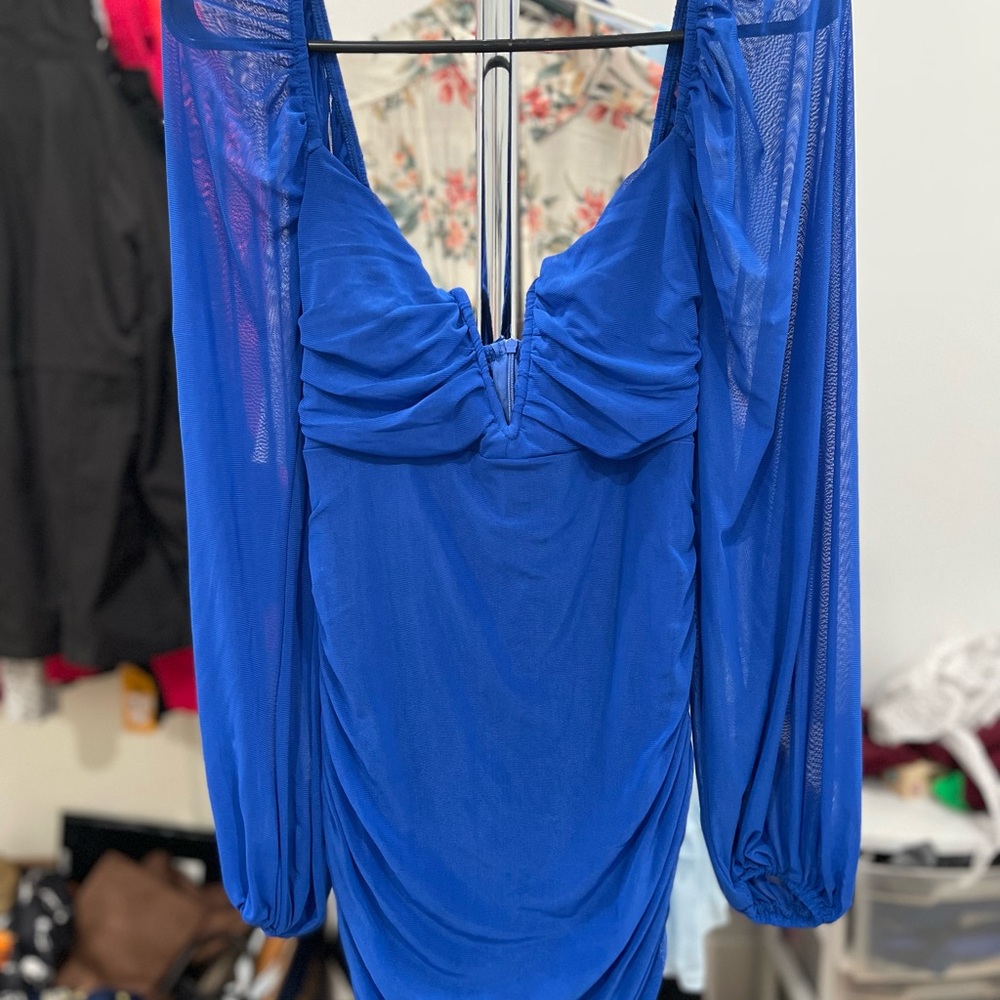 Vibrant Blue Ruched Dress with Sheer Sleeves